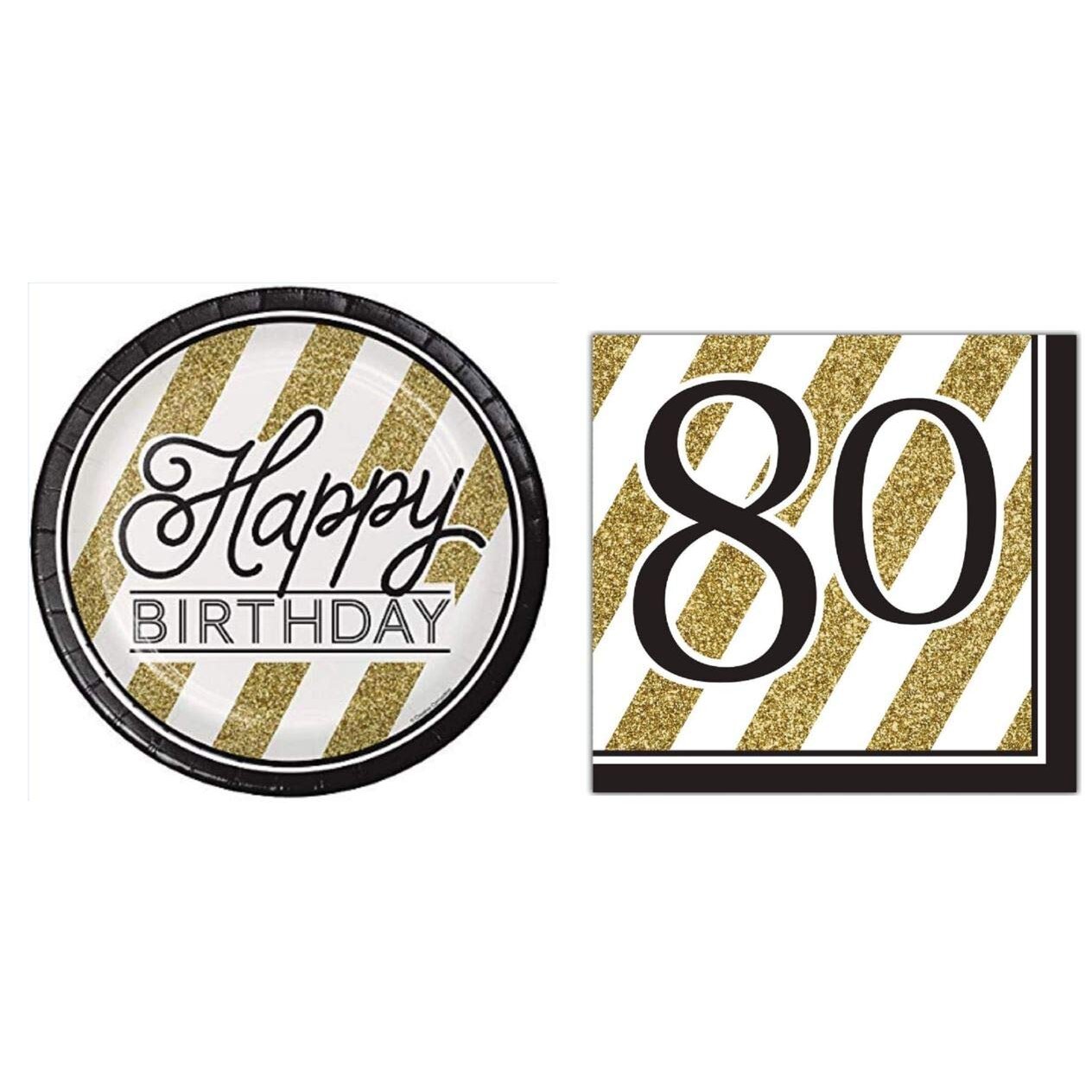 Black and gold Happy 80th Birthday Party Bundle with Paper Plates and Napkins for 16 guests